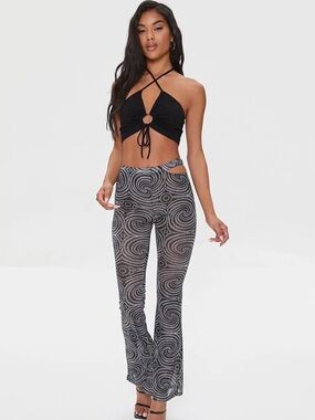 Spiral Print Mesh Flare Pants